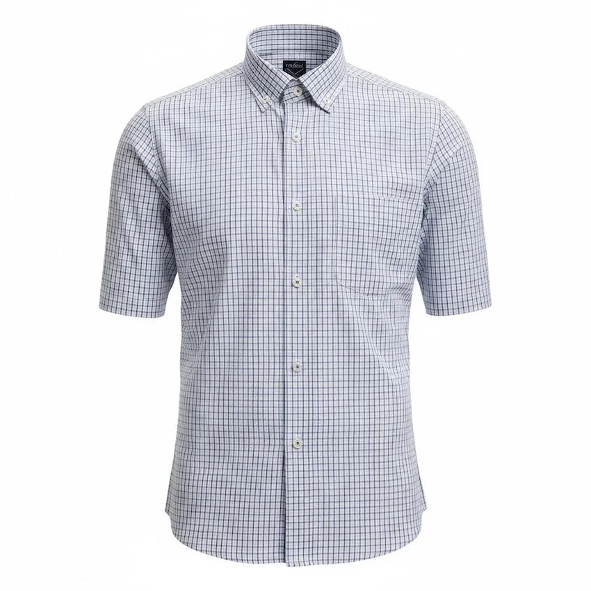 Lichtblauw geruit herenoverhemd met korte mouwen en button-down kraag