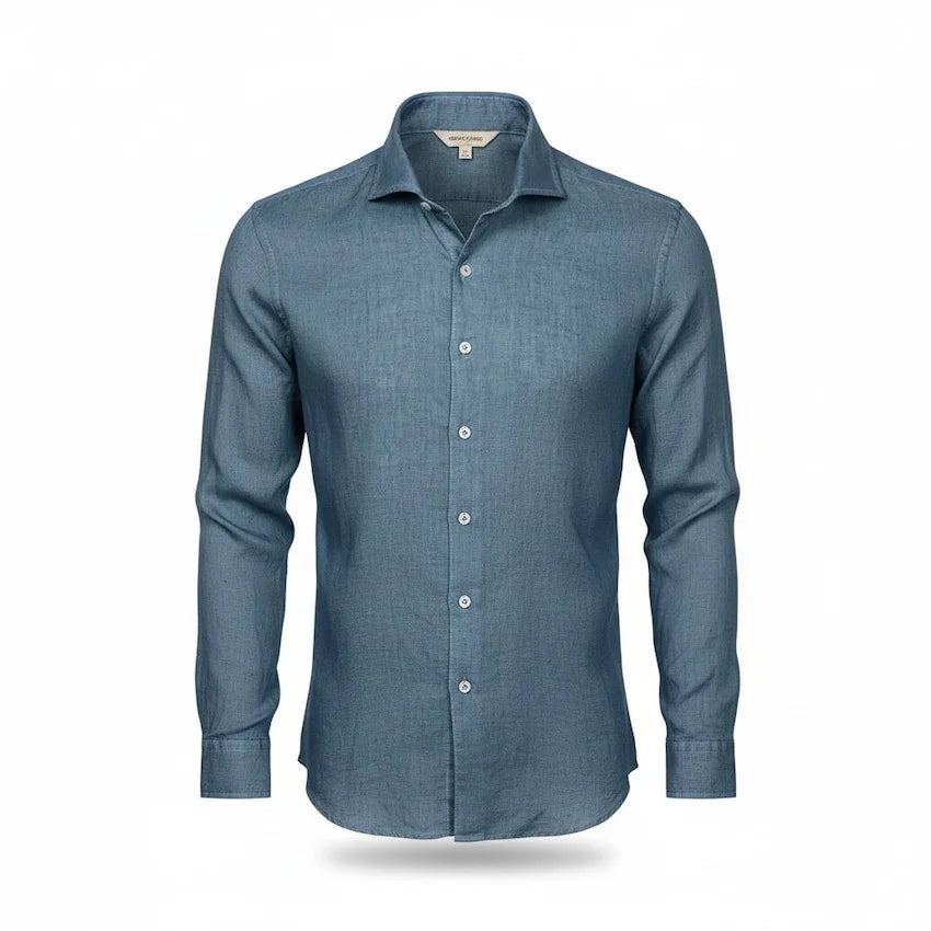 Blauw linnen overhemd voor heren met lange mouwen en knoopsluiting
