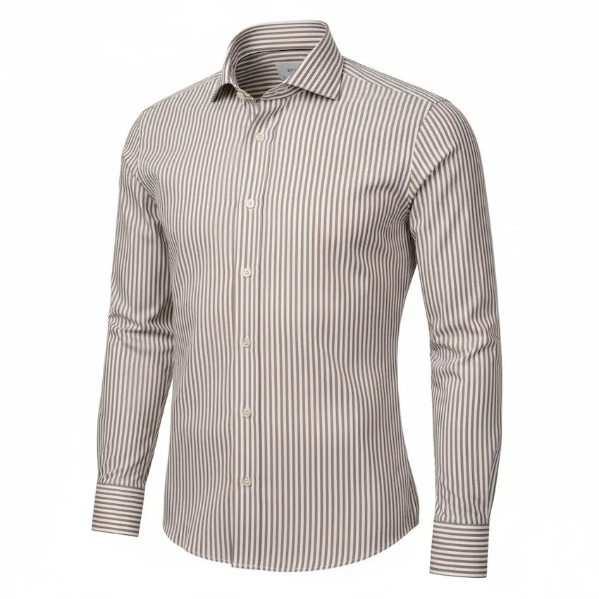 beige en witte verticaal gestreepte herenoverhemd met lange mouwen